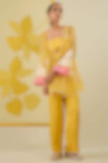 Mustard Silk Organza Floral Applique Work Angrakha Kurta Set by I AM DESIGN at Pernia's Pop Up Shop