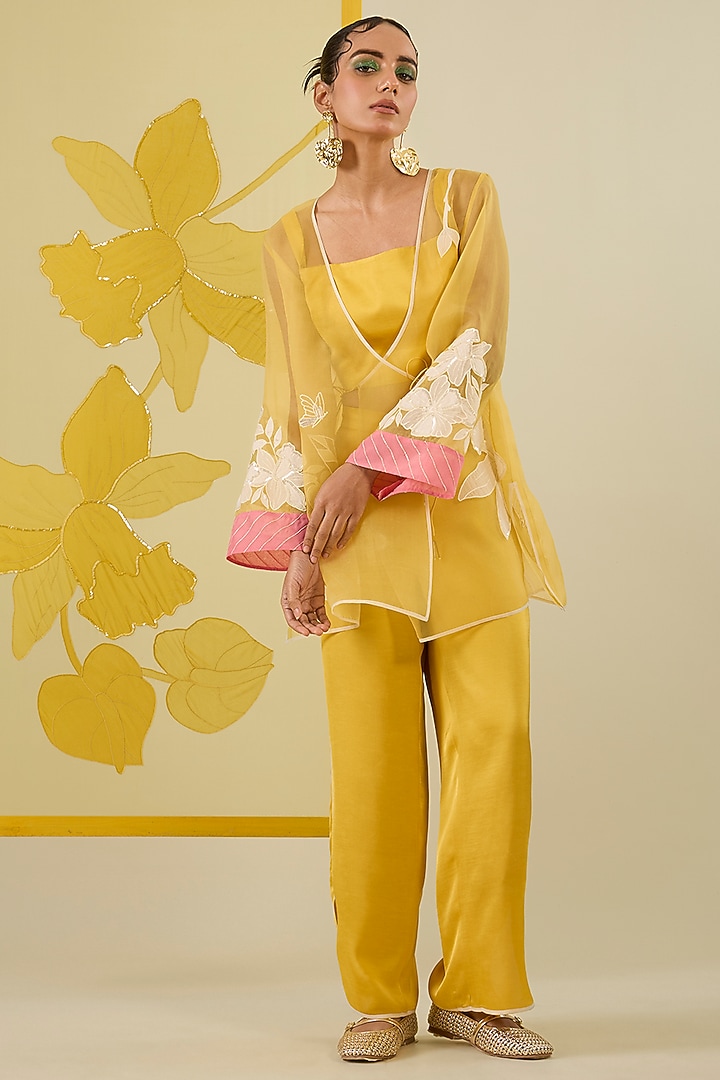 Mustard Silk Organza Floral Applique Work Angrakha Kurta Set by I AM DESIGN at Pernia's Pop Up Shop