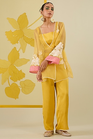 Mustard Silk Organza Floral Applique Work Angrakha Kurta Set by I AM DESIGN