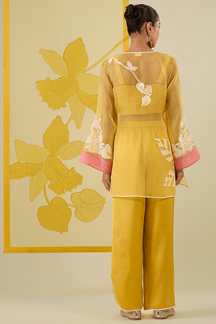 Mustard Silk Organza Floral Applique Work Angrakha Kurta Set by I AM DESIGN at Pernia's Pop Up Shop