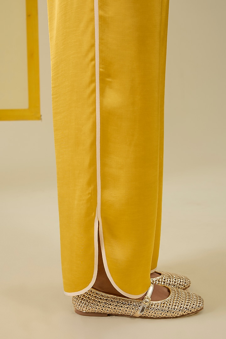 Mustard Silk Organza Floral Applique Work Angrakha Kurta Set by I AM DESIGN at Pernia's Pop Up Shop