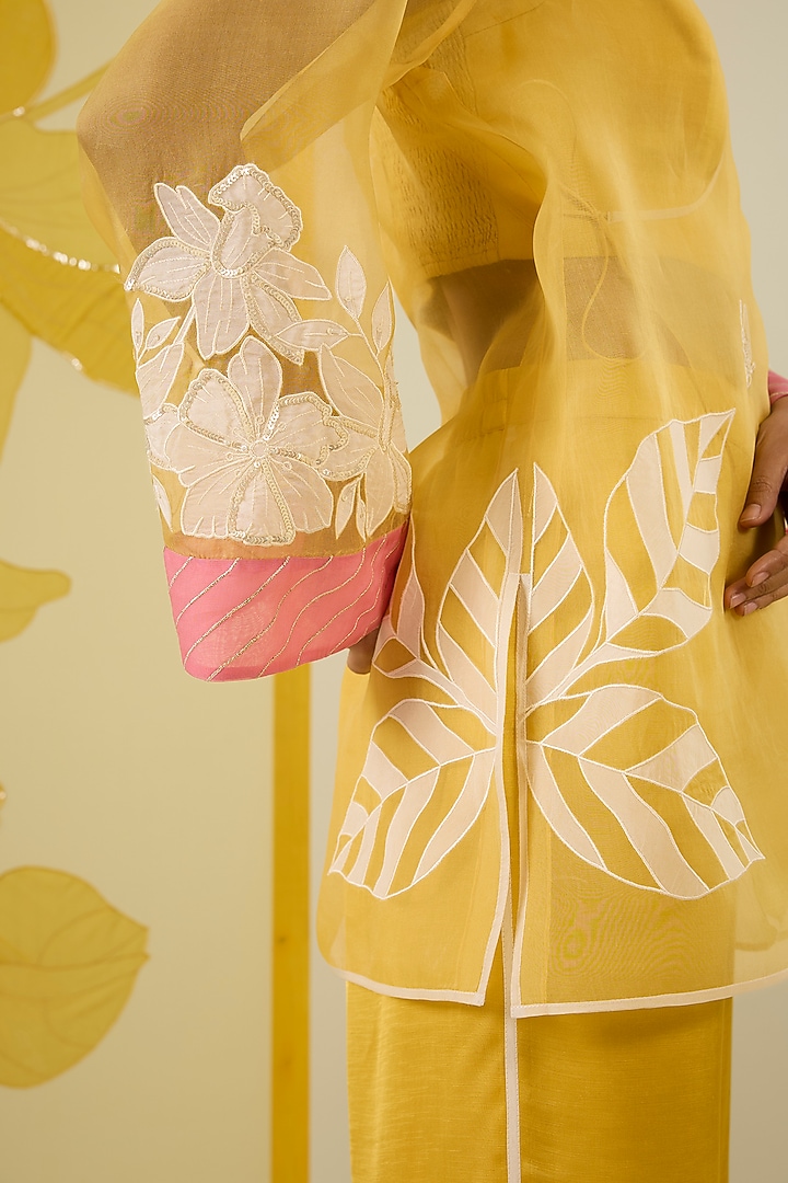 Mustard Silk Organza Floral Applique Work Angrakha Kurta Set by I AM DESIGN at Pernia's Pop Up Shop