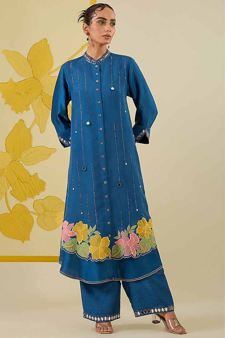 Blue Silk Chanderi Floral Applique Work Kurta Set by I AM DESIGN at Pernia's Pop Up Shop