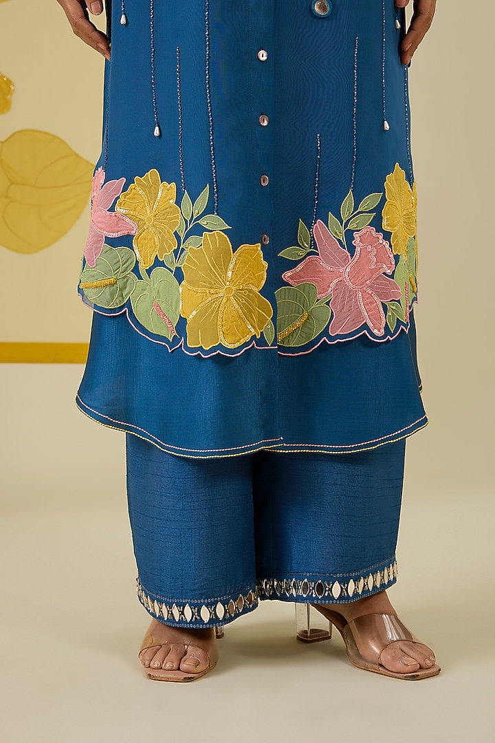 Blue Silk Chanderi Floral Applique Work Kurta Set by I AM DESIGN at Pernia's Pop Up Shop