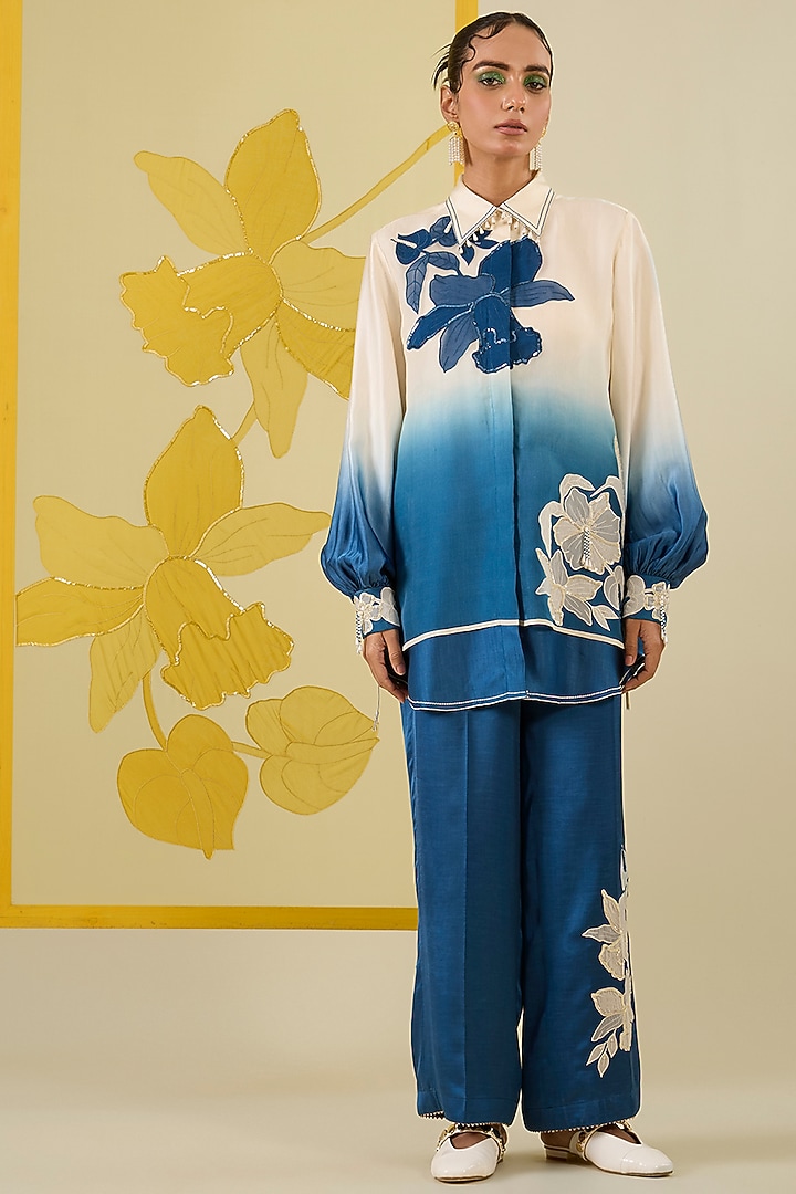 Blue Ombre Linen Satin Applique Work Co-Ord Set by I AM DESIGN at Pernia's Pop Up Shop