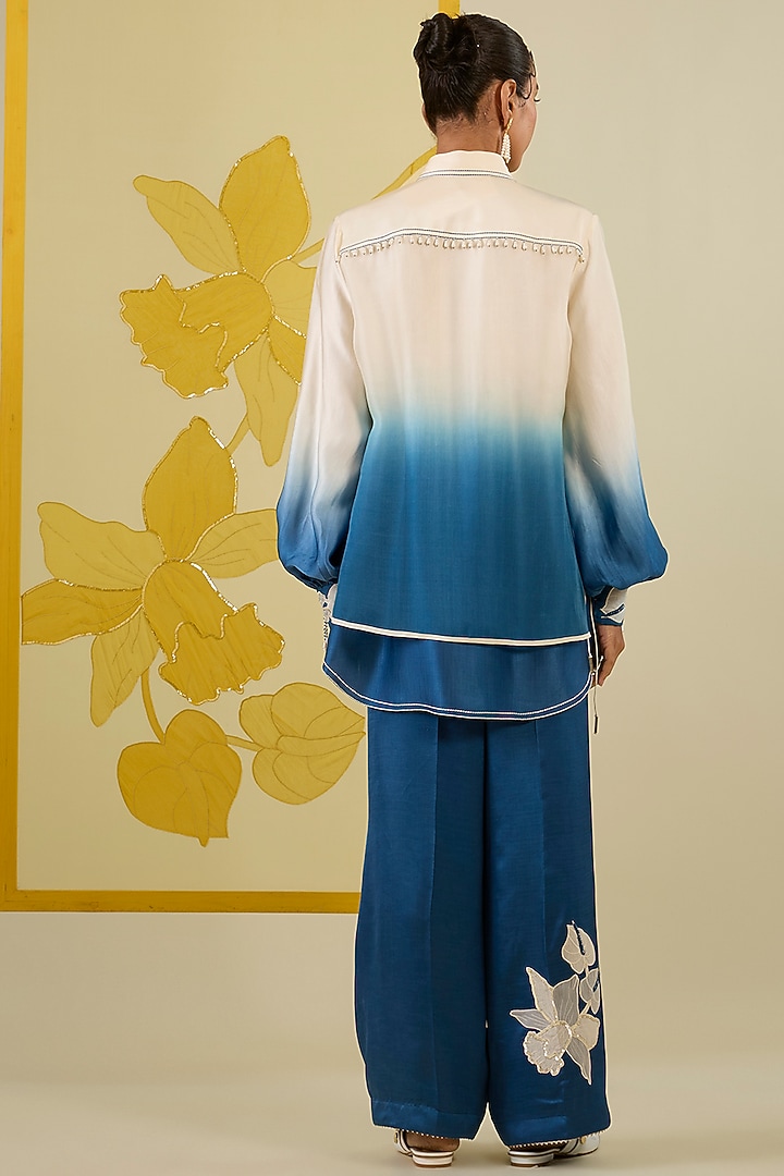 Blue Ombre Linen Satin Applique Work Co-Ord Set by I AM DESIGN at Pernia's Pop Up Shop