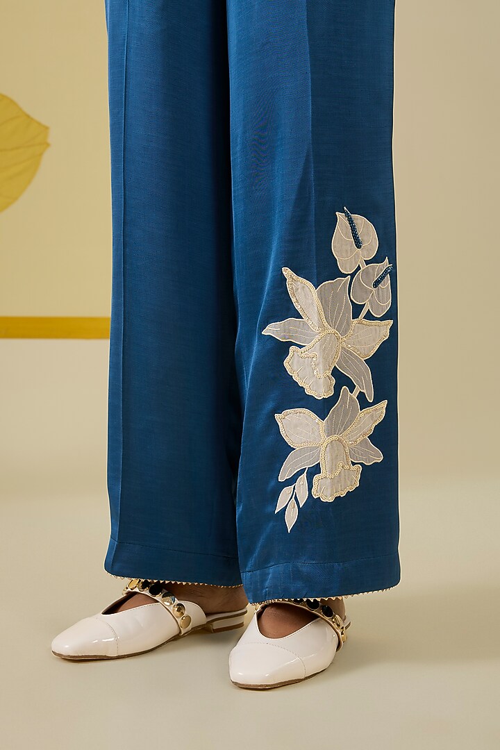 Blue Ombre Linen Satin Applique Work Co-Ord Set by I AM DESIGN at Pernia's Pop Up Shop
