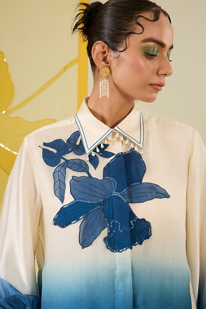 Blue Ombre Linen Satin Applique Work Co-Ord Set by I AM DESIGN at Pernia's Pop Up Shop