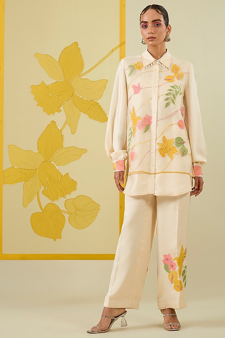 Ivory Linen Satin Applique Work Co-Ord Set by I AM DESIGN at Pernia's Pop Up Shop