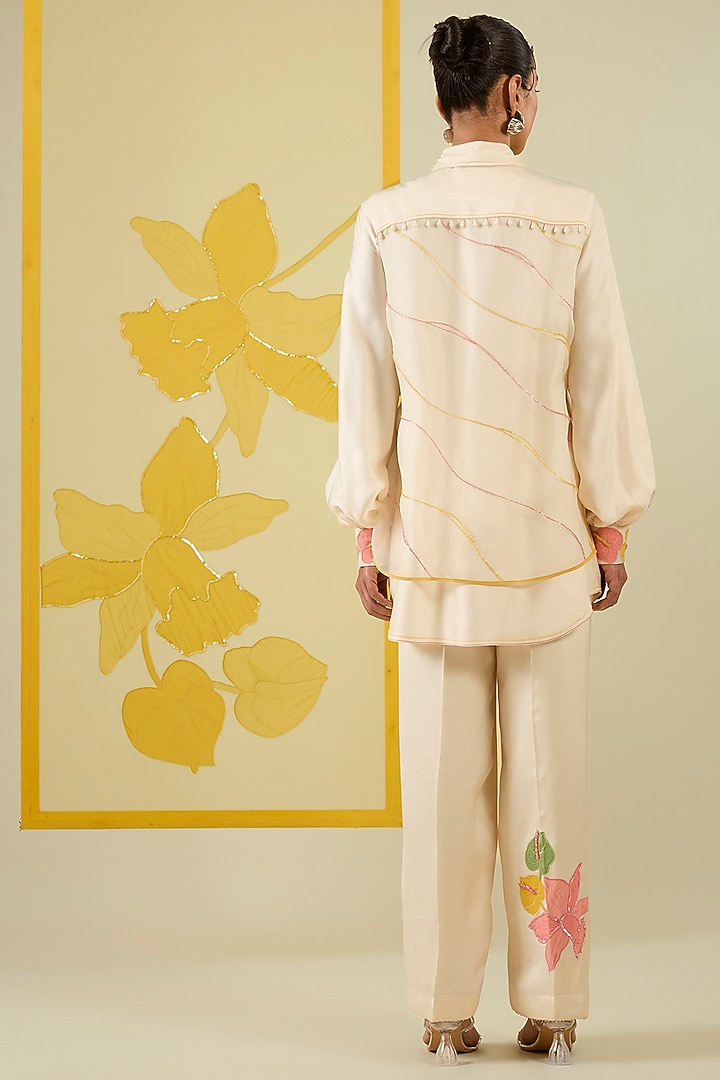 Ivory Linen Satin Applique Work Co-Ord Set by I AM DESIGN at Pernia's Pop Up Shop