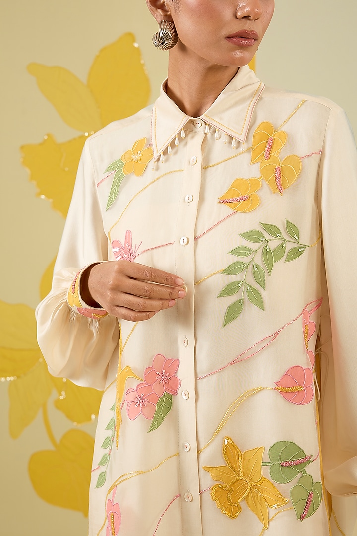 Ivory Linen Satin Applique Work Co-Ord Set by I AM DESIGN at Pernia's Pop Up Shop
