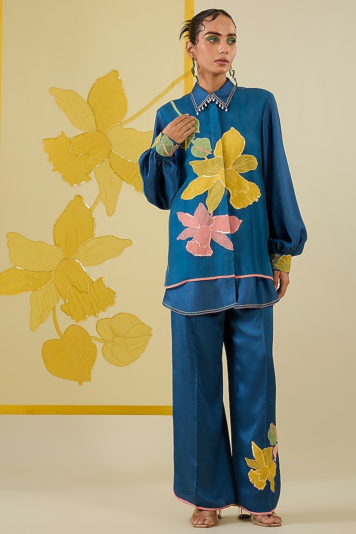 Blue Linen Satin Applique Work Co-Ord Set by I AM DESIGN at Pernia's Pop Up Shop