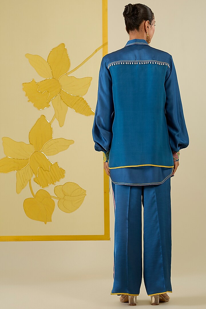 Blue Linen Satin Applique Work Co-Ord Set by I AM DESIGN at Pernia's Pop Up Shop