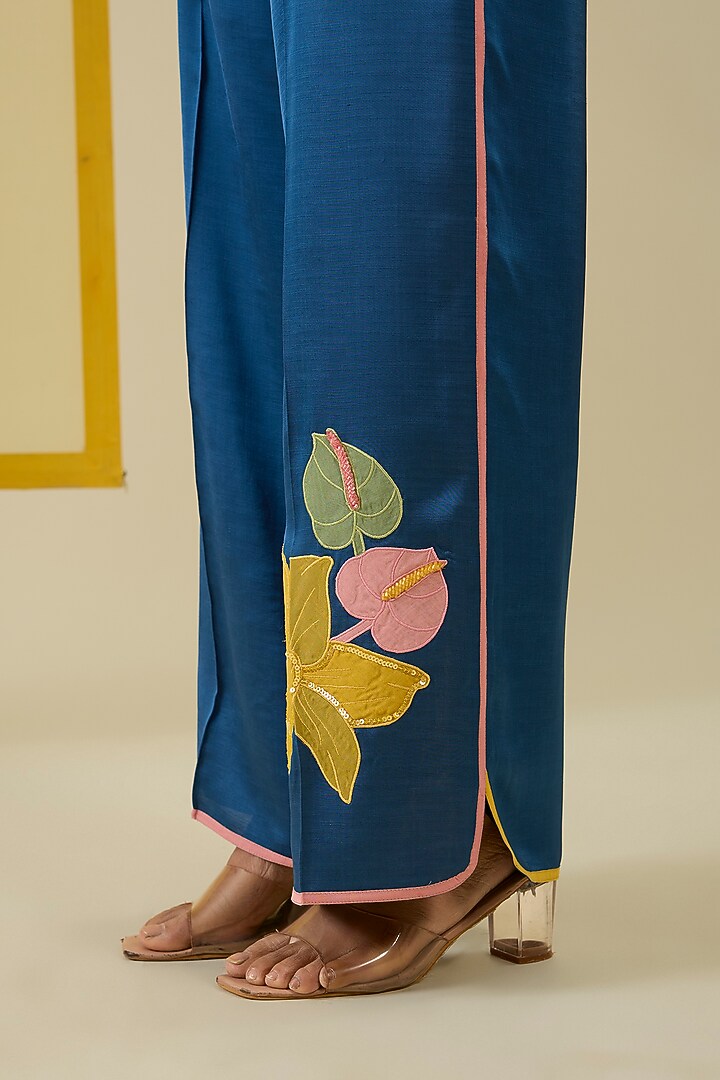 Blue Linen Satin Applique Work Co-Ord Set by I AM DESIGN at Pernia's Pop Up Shop
