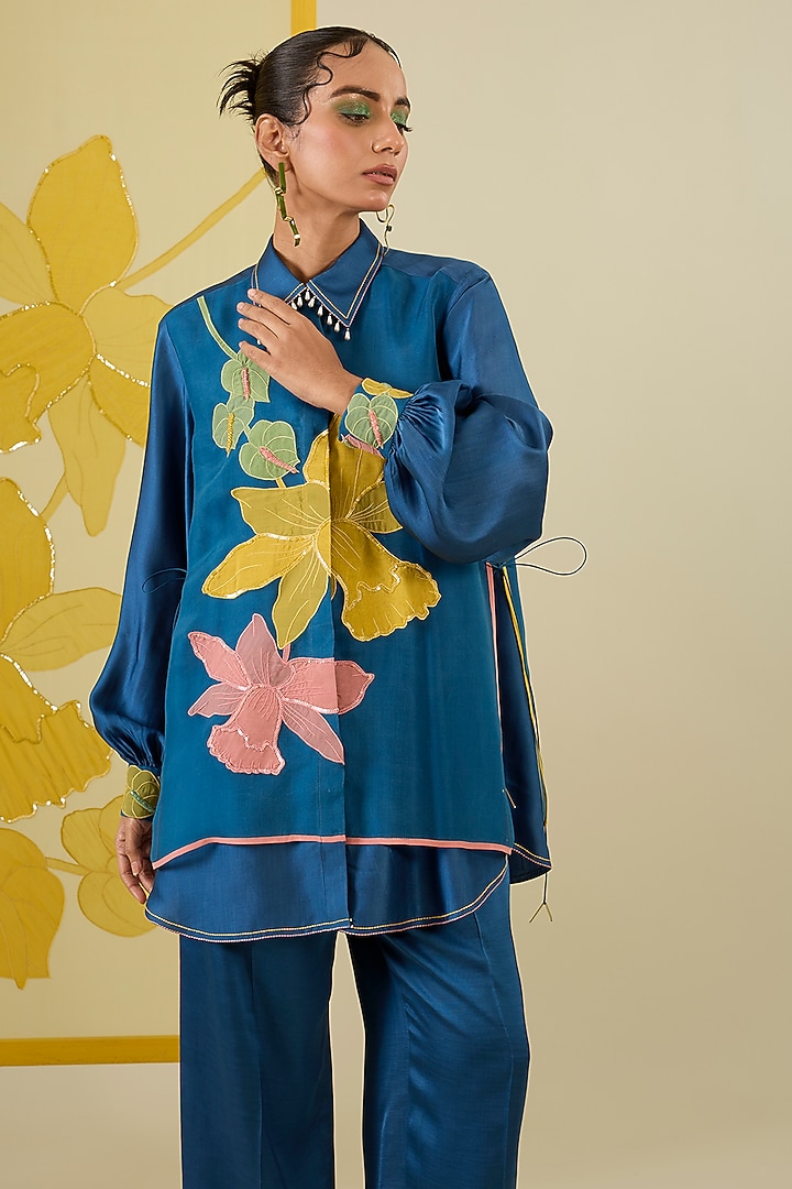 Blue Linen Satin Applique Work Co-Ord Set by I AM DESIGN at Pernia's Pop Up Shop