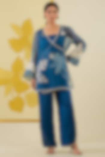 Blue Silk Organza Floral Applique Work Angrakha Kurta Set by I AM DESIGN at Pernia's Pop Up Shop