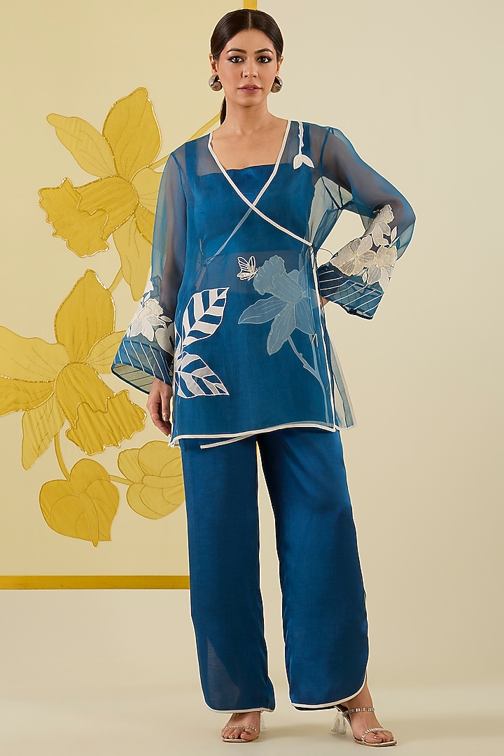 Blue Silk Organza Floral Applique Work Angrakha Kurta Set by I AM DESIGN at Pernia's Pop Up Shop