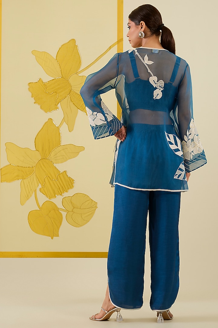 Blue Silk Organza Floral Applique Work Angrakha Kurta Set by I AM DESIGN at Pernia's Pop Up Shop