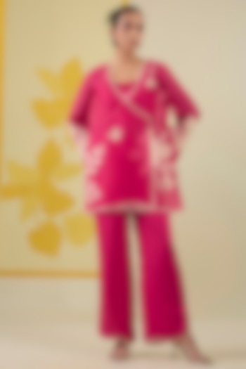 Hot Pink Silk Organza Floral Applique Work Angrakha Kurta Set by I AM DESIGN at Pernia's Pop Up Shop