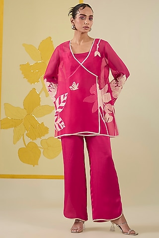 Hot Pink Silk Organza Floral Applique Work Angrakha Kurta Set by I AM DESIGN