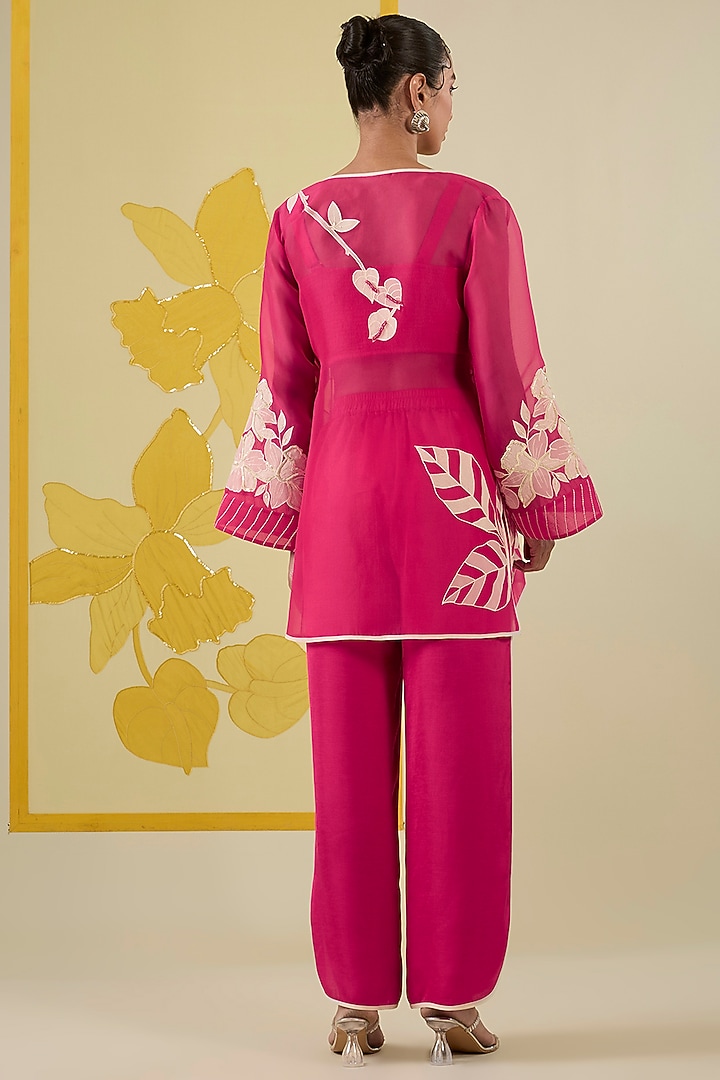 Hot Pink Silk Organza Floral Applique Work Angrakha Kurta Set by I AM DESIGN at Pernia's Pop Up Shop