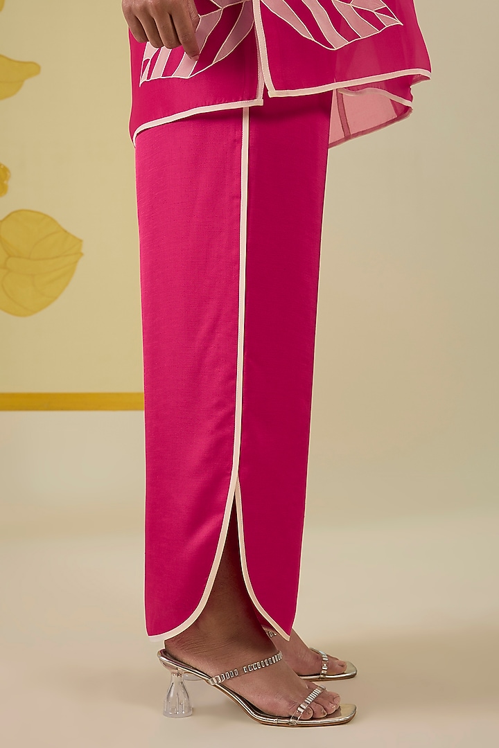 Hot Pink Silk Organza Floral Applique Work Angrakha Kurta Set by I AM DESIGN at Pernia's Pop Up Shop