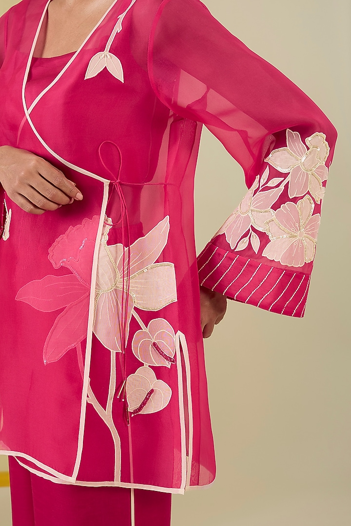 Hot Pink Silk Organza Floral Applique Work Angrakha Kurta Set by I AM DESIGN at Pernia's Pop Up Shop
