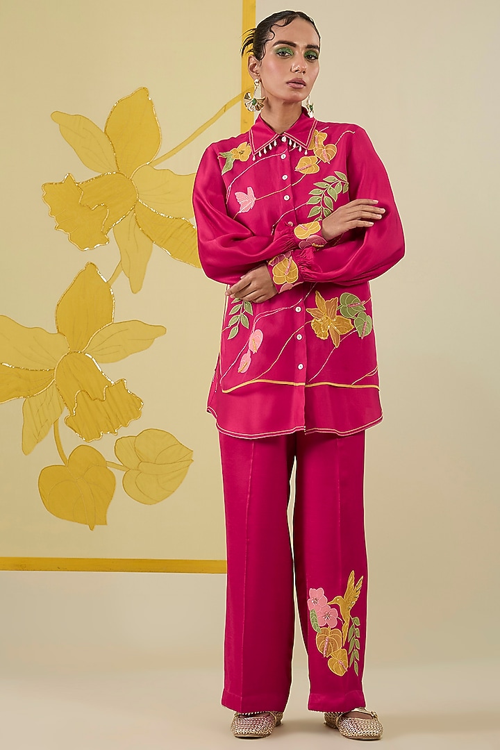 Hot Pink Linen Satin Applique Work Co-Ord Set by I AM DESIGN at Pernia's Pop Up Shop