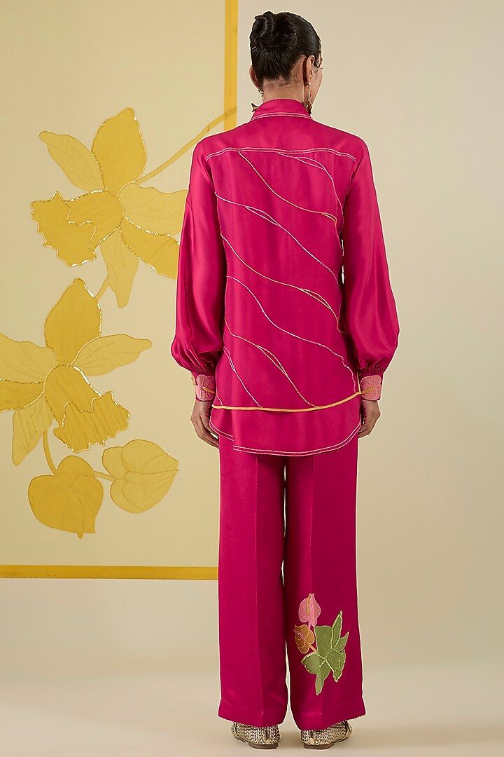 Hot Pink Linen Satin Applique Work Co-Ord Set by I AM DESIGN at Pernia's Pop Up Shop