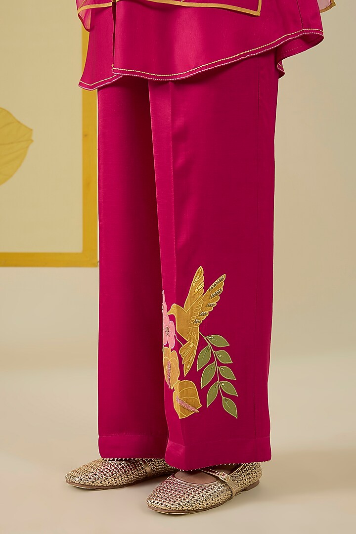 Hot Pink Linen Satin Applique Work Co-Ord Set by I AM DESIGN at Pernia's Pop Up Shop