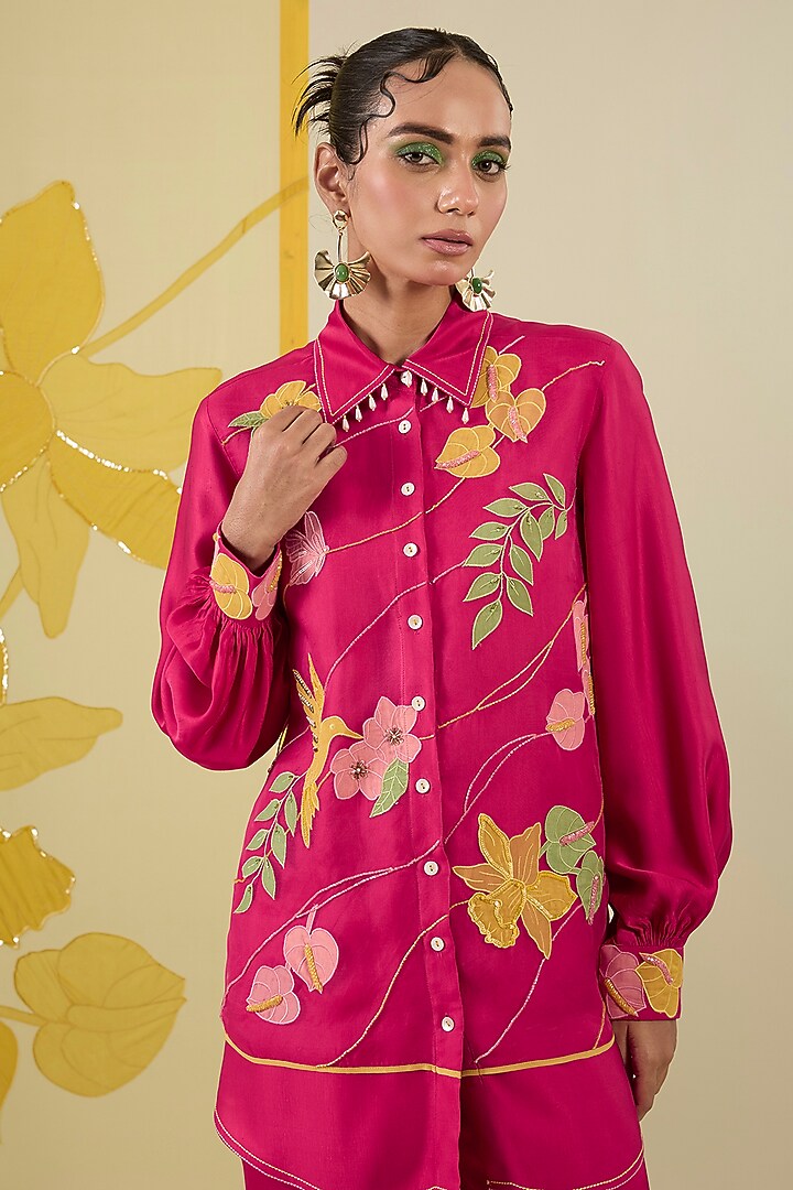 Hot Pink Linen Satin Applique Work Co-Ord Set by I AM DESIGN at Pernia's Pop Up Shop