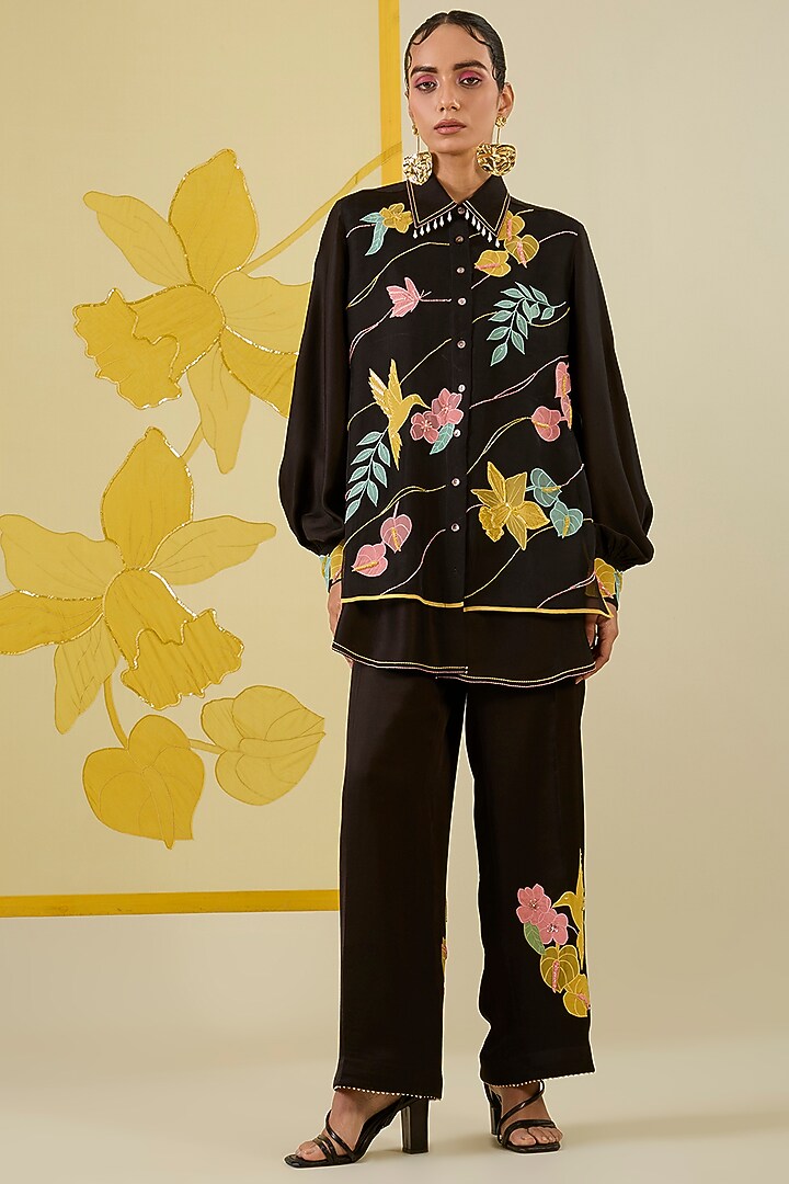 Black Linen Satin Applique Work Co-Ord Set by I AM DESIGN at Pernia's Pop Up Shop