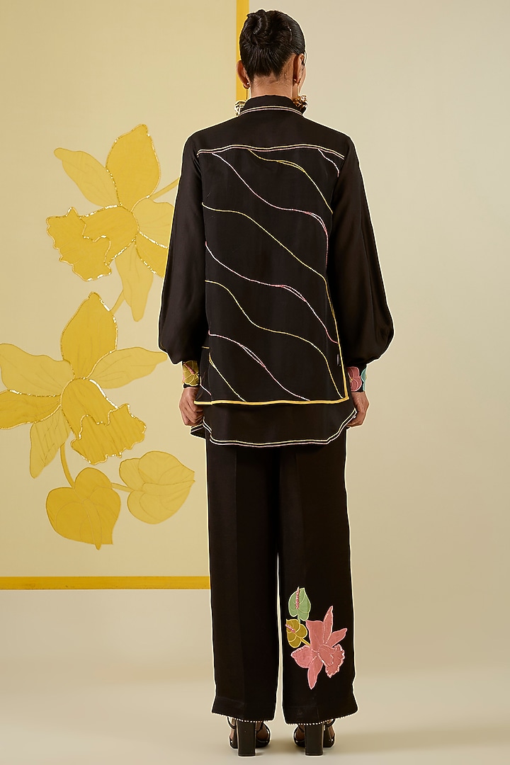 Black Linen Satin Applique Work Co-Ord Set by I AM DESIGN at Pernia's Pop Up Shop