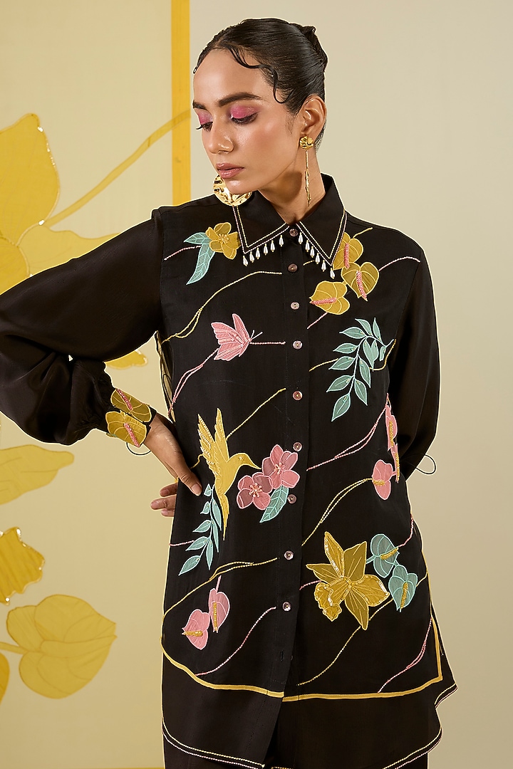 Black Linen Satin Applique Work Co-Ord Set by I AM DESIGN at Pernia's Pop Up Shop