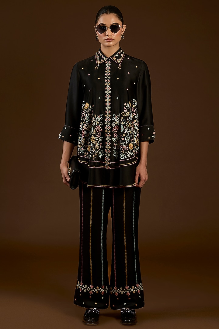 Black Linen Satin Floral Embroidered Co-Ord Set by I AM DESIGN at Pernia's Pop Up Shop