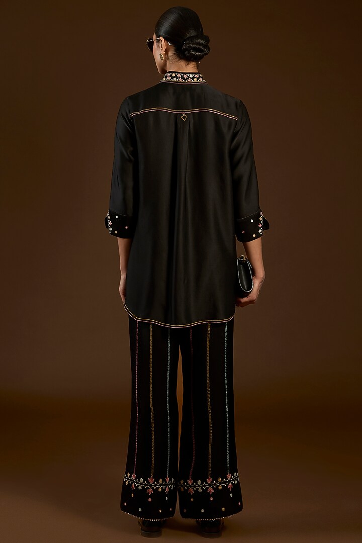 Black Linen Satin Floral Embroidered Co-Ord Set by I AM DESIGN at Pernia's Pop Up Shop