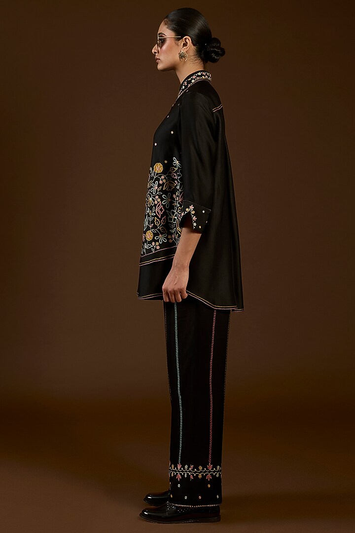 Black Linen Satin Floral Embroidered Co-Ord Set by I AM DESIGN at Pernia's Pop Up Shop