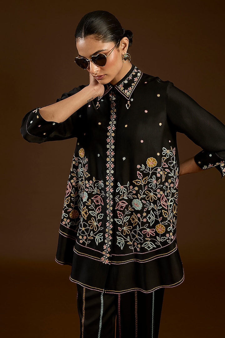 Black Linen Satin Floral Embroidered Co-Ord Set by I AM DESIGN at Pernia's Pop Up Shop