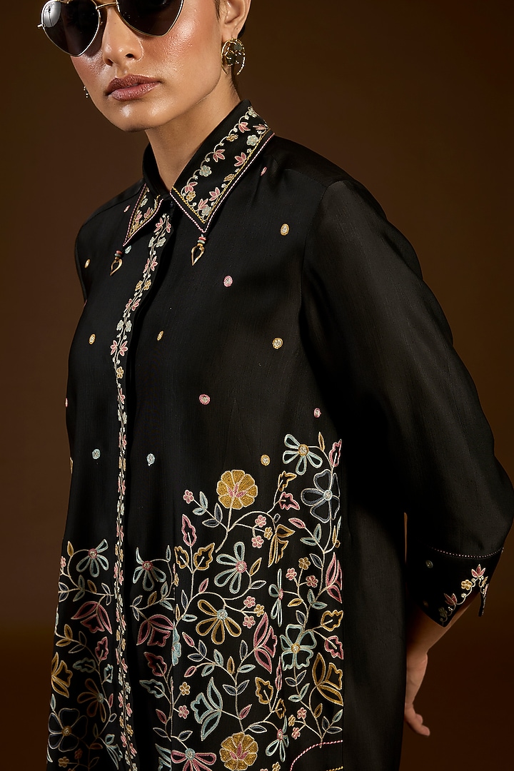 Black Linen Satin Floral Embroidered Co-Ord Set by I AM DESIGN at Pernia's Pop Up Shop