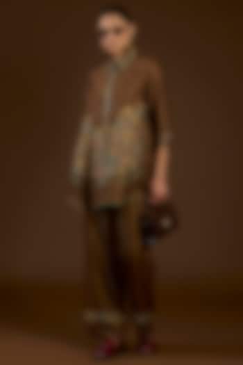 Brown Linen Satin Floral Embroidered Co-Ord Set by I AM DESIGN at Pernia's Pop Up Shop