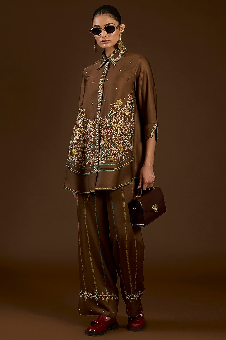 Brown Linen Satin Floral Embroidered Co-Ord Set by I AM DESIGN at Pernia's Pop Up Shop
