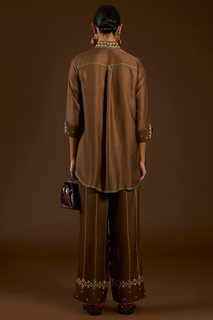 Brown Linen Satin Floral Embroidered Co-Ord Set by I AM DESIGN at Pernia's Pop Up Shop