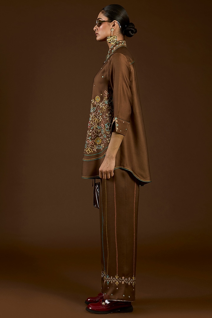 Brown Linen Satin Floral Embroidered Co-Ord Set by I AM DESIGN at Pernia's Pop Up Shop
