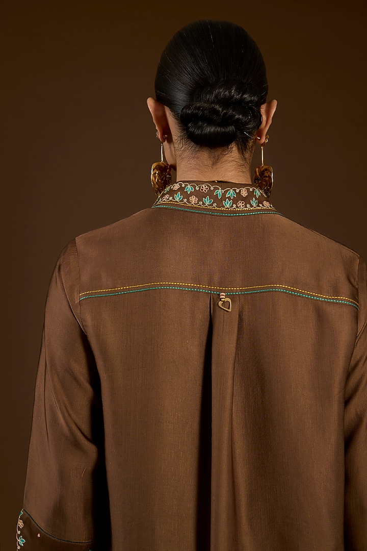 Brown Linen Satin Floral Embroidered Co-Ord Set by I AM DESIGN at Pernia's Pop Up Shop