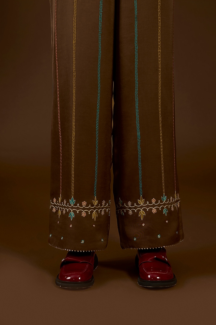 Brown Linen Satin Floral Embroidered Co-Ord Set by I AM DESIGN at Pernia's Pop Up Shop
