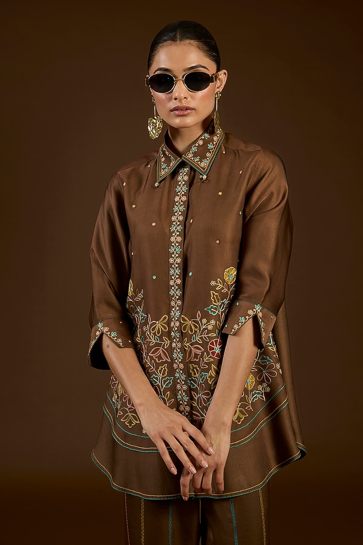 Brown Linen Satin Floral Embroidered Co-Ord Set by I AM DESIGN at Pernia's Pop Up Shop