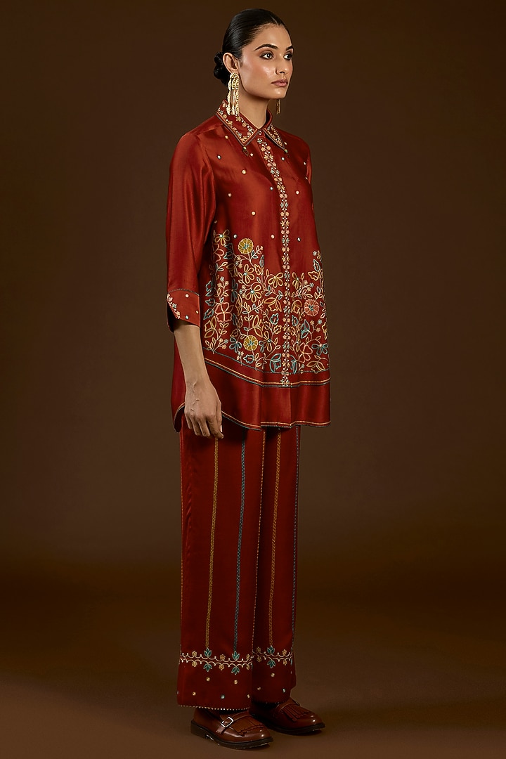 Rust Linen Satin Floral Embroidered Co-Ord Set by I AM DESIGN at Pernia's Pop Up Shop
