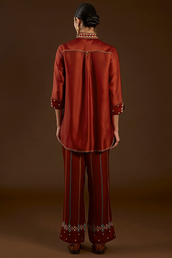 Rust Linen Satin Floral Embroidered Co-Ord Set by I AM DESIGN at Pernia's Pop Up Shop