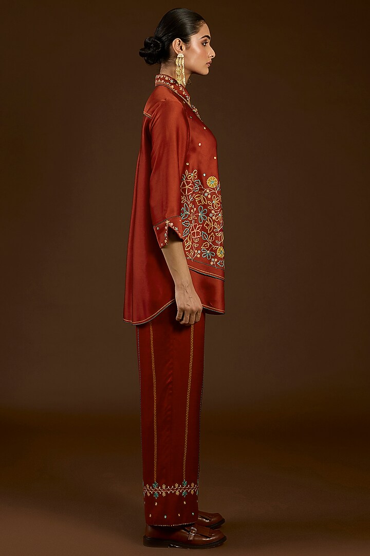 Rust Linen Satin Floral Embroidered Co-Ord Set by I AM DESIGN at Pernia's Pop Up Shop