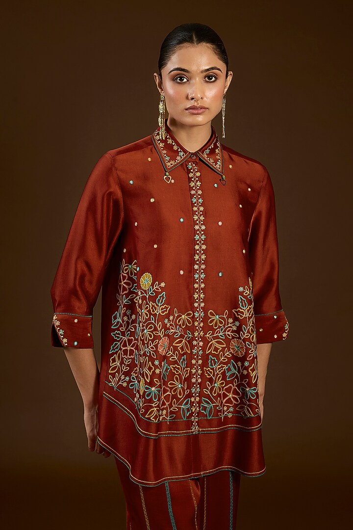 Rust Linen Satin Floral Embroidered Co-Ord Set by I AM DESIGN at Pernia's Pop Up Shop